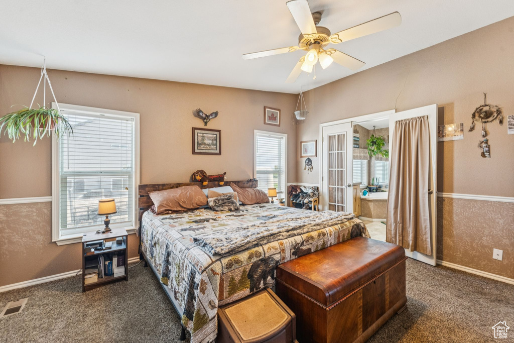 Bedroom with carpet, baseboards, ceiling fan, french doors, and access to exterior