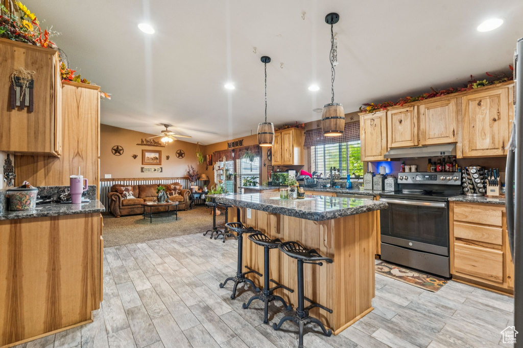 Kitchen with electric range, under cabinet range hood, open floor plan, a kitchen breakfast bar, and a kitchen island