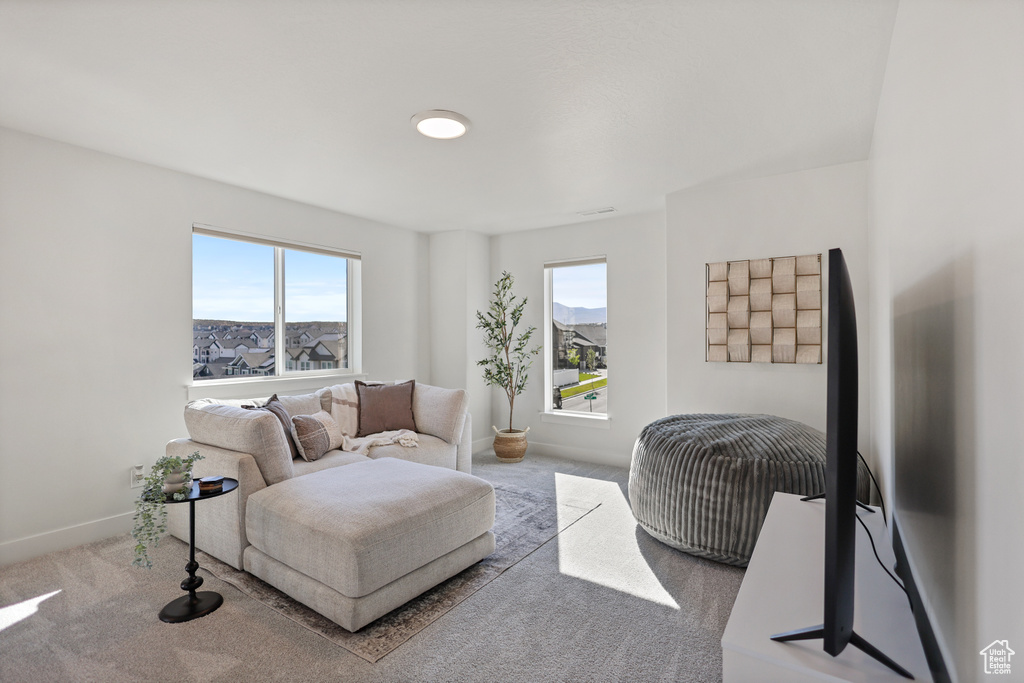 Carpeted living area with healthy amount of natural light and baseboards