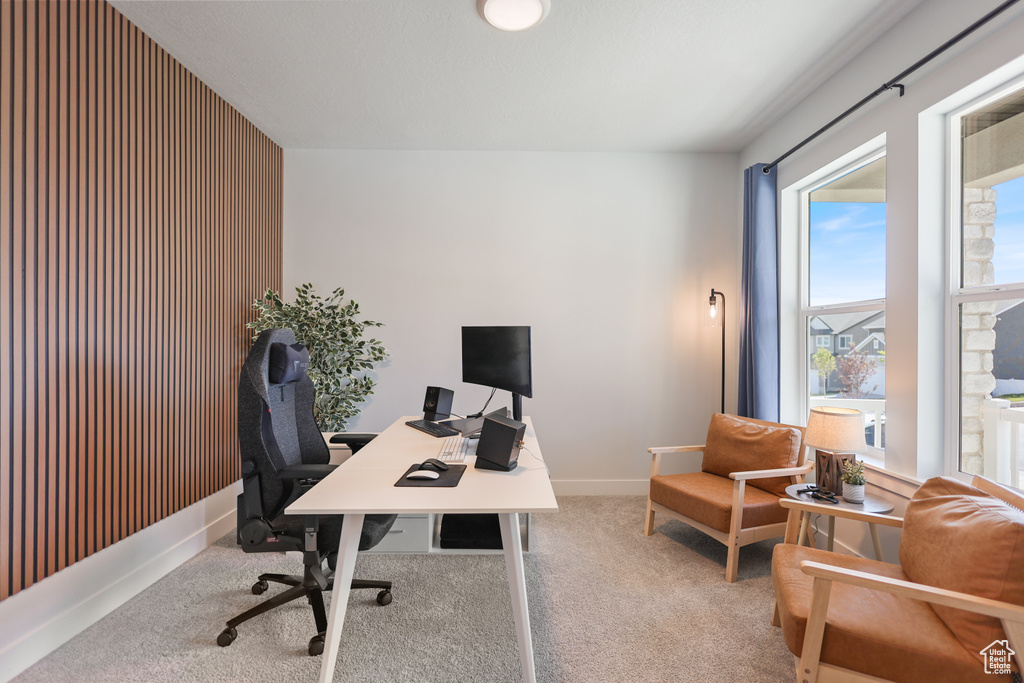 Office with carpet flooring and baseboards