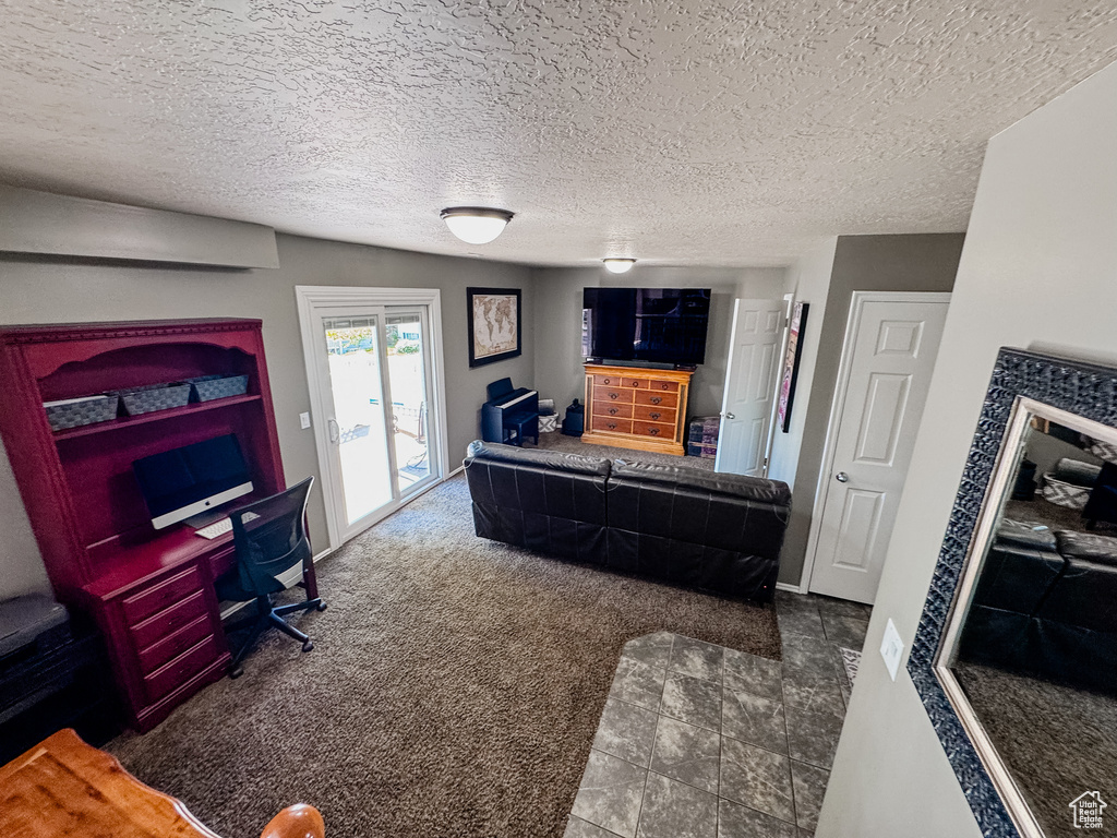 Carpeted living room with a textured ceiling and tile patterned flooring