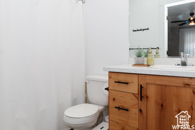 Bathroom featuring toilet, vanity, and curtained shower