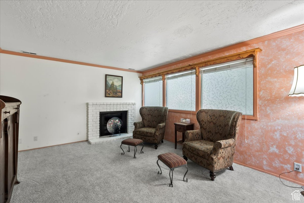 Living area featuring a textured ceiling, ornamental molding, carpet, baseboards, and a fireplace