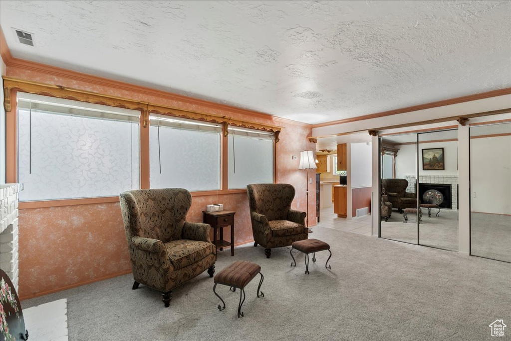Living area with a fireplace, carpet floors, a textured ceiling, ornamental molding, and baseboards