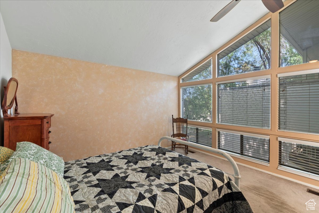 Carpeted bedroom with lofted ceiling