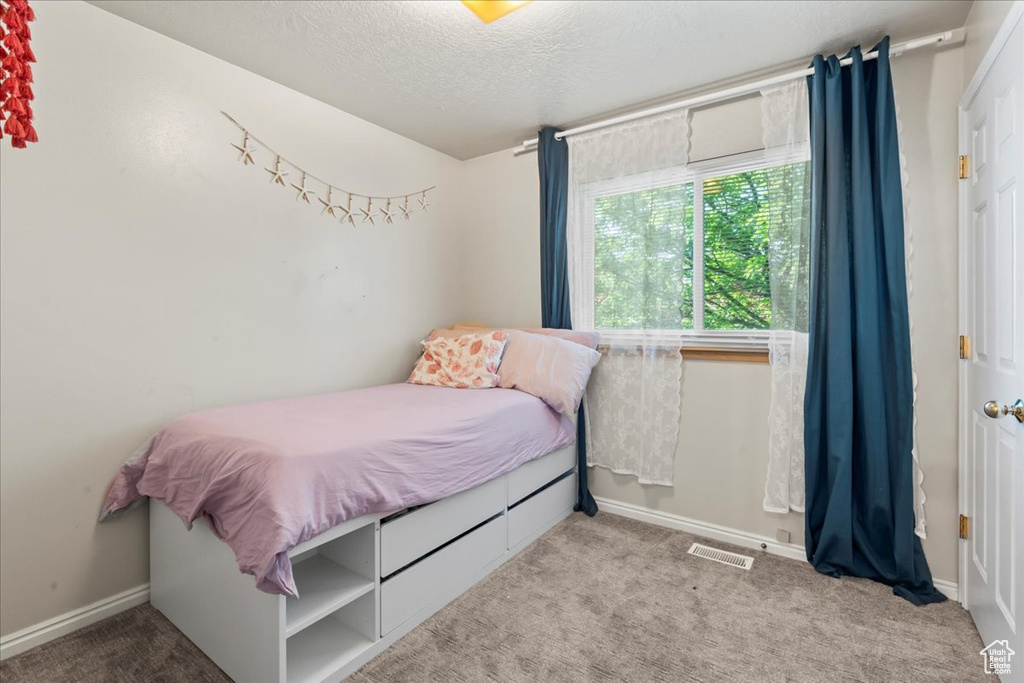 Carpeted bedroom featuring a textured ceiling and baseboards