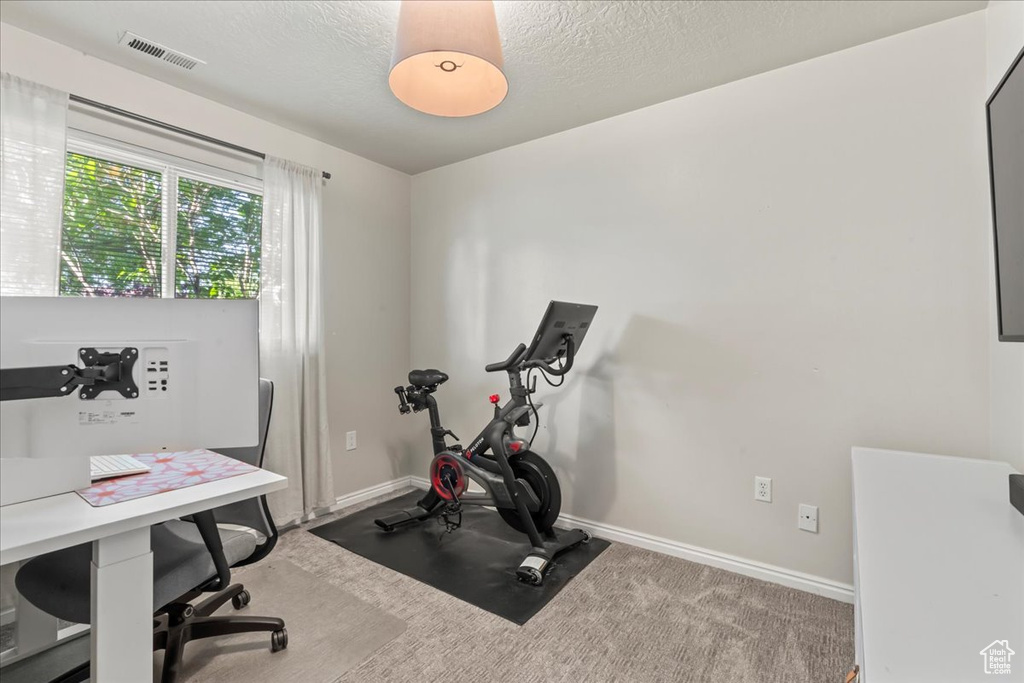 Exercise area featuring baseboards and carpet floors