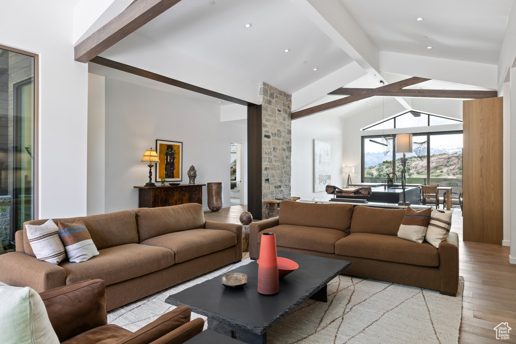 Living room with light wood finished floors and ornate columns
