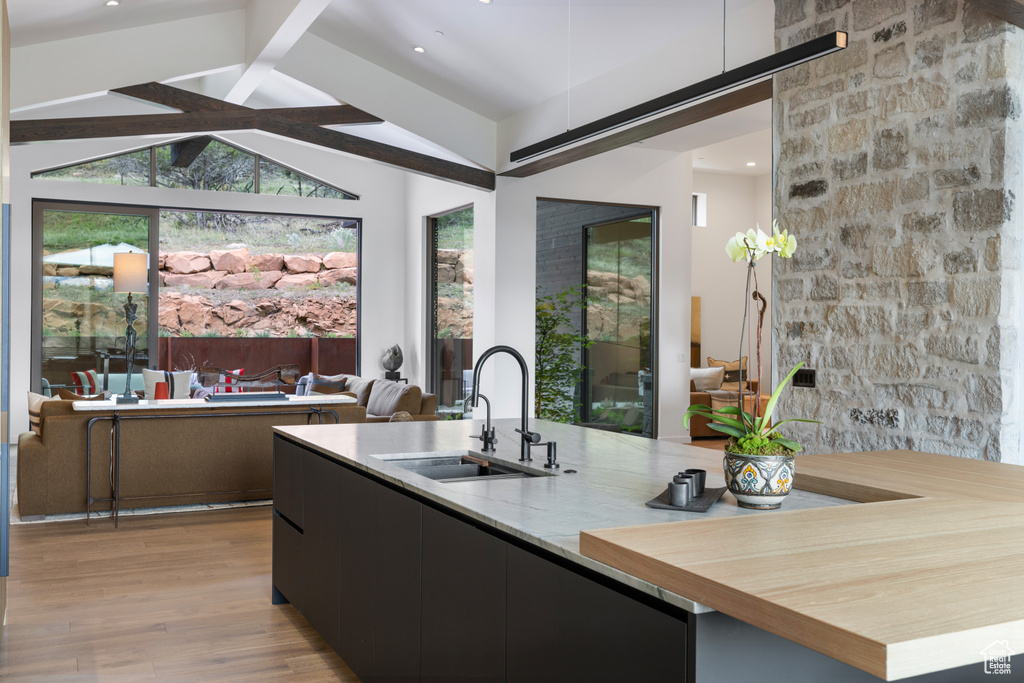 Kitchen with a sink, healthy amount of natural light, light wood finished floors, and open floor plan