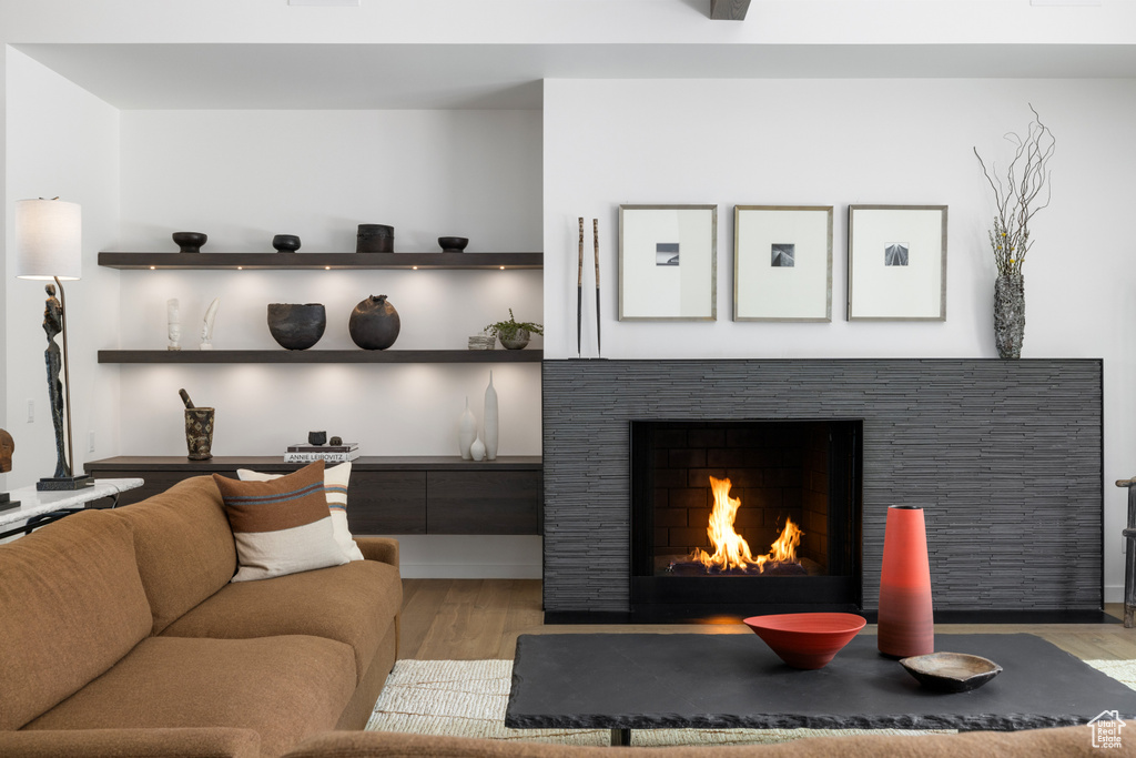 Living room featuring wood finished floors and a stone fireplace