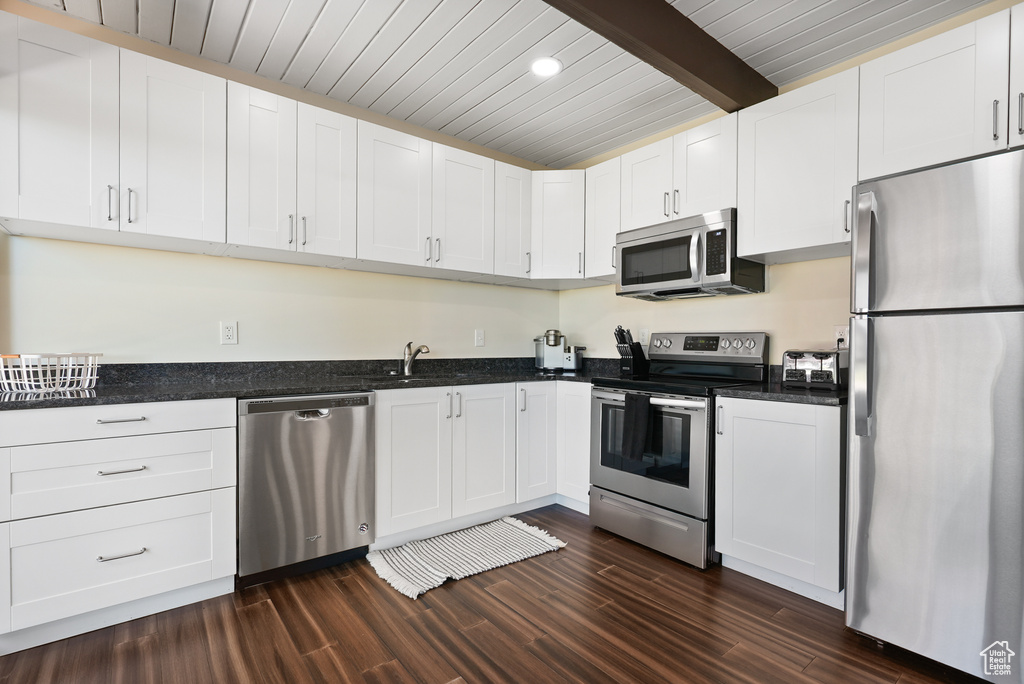 Kitchen featuring appliances with stainless steel finishes, wood ceiling with exposed beams, dark wood finished floors, white cabinetry, and a sink