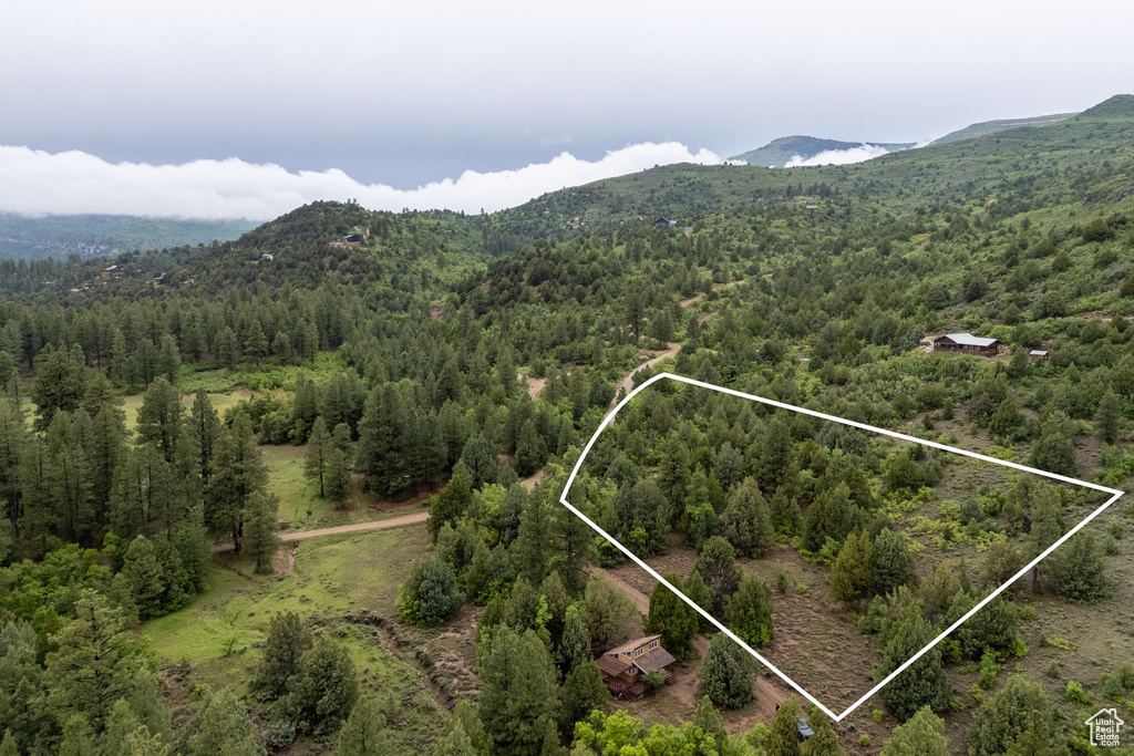 View of property location featuring a heavily wooded area, mountains, and property boundaries highlighted