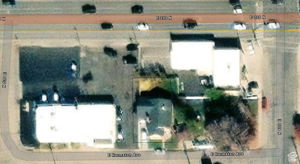 Aerial overview of property's location featuring property parcel outlined