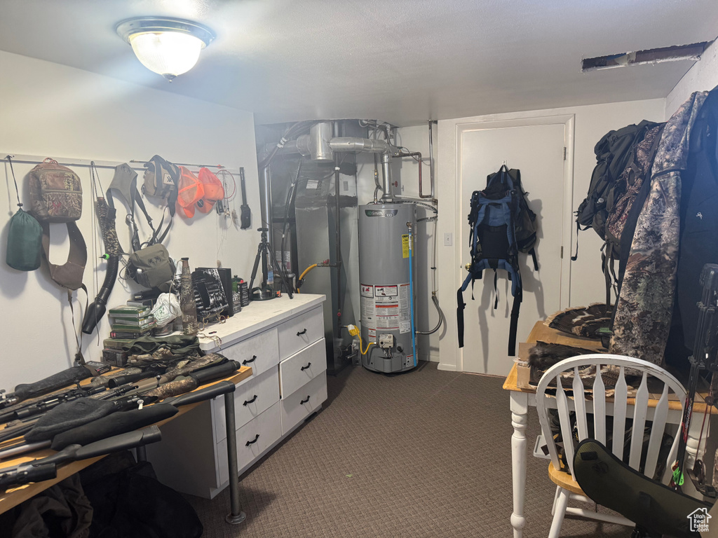 Basement featuring water heater and carpet flooring