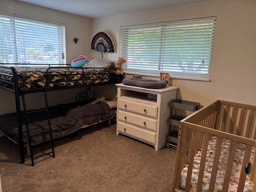 Bedroom with multiple windows and carpet floors