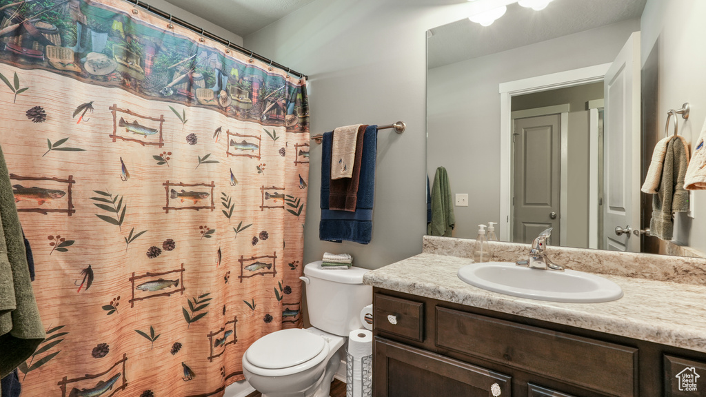 Bathroom with vanity, toilet, and a shower with curtain