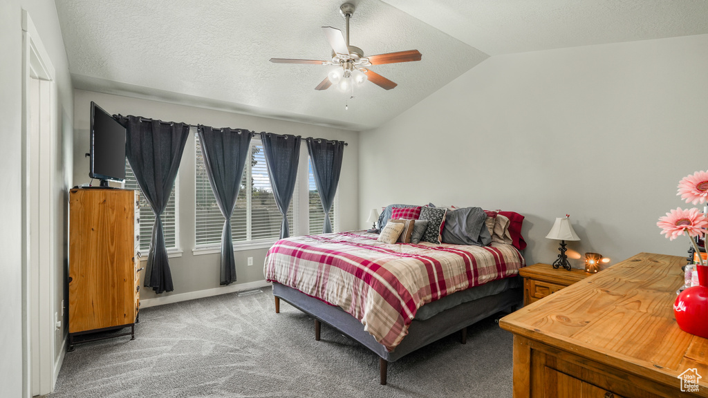 Carpeted bedroom featuring lofted ceiling, baseboards, a ceiling fan, and a textured ceiling
