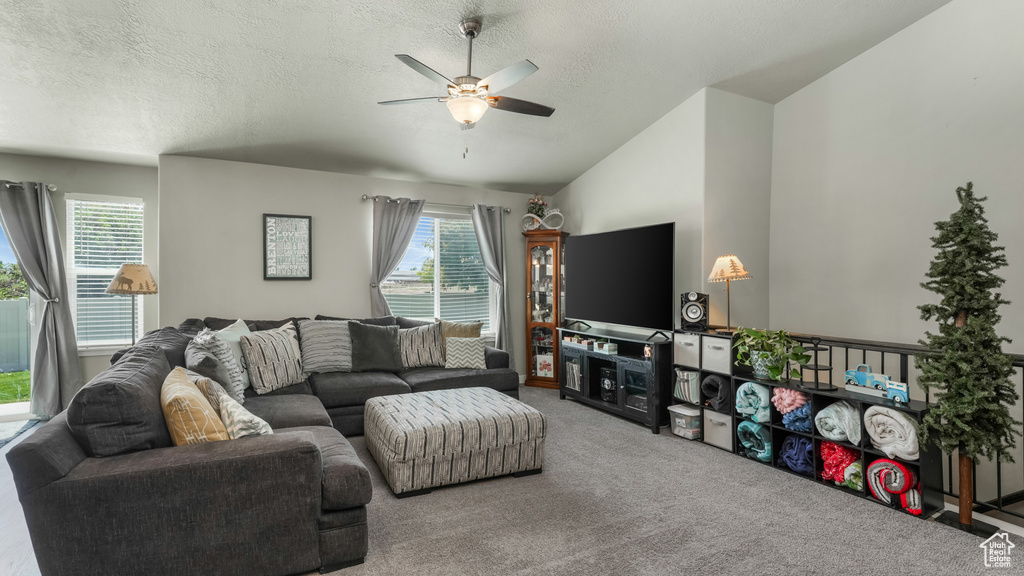 Carpeted living area with ceiling fan, lofted ceiling, and a textured ceiling