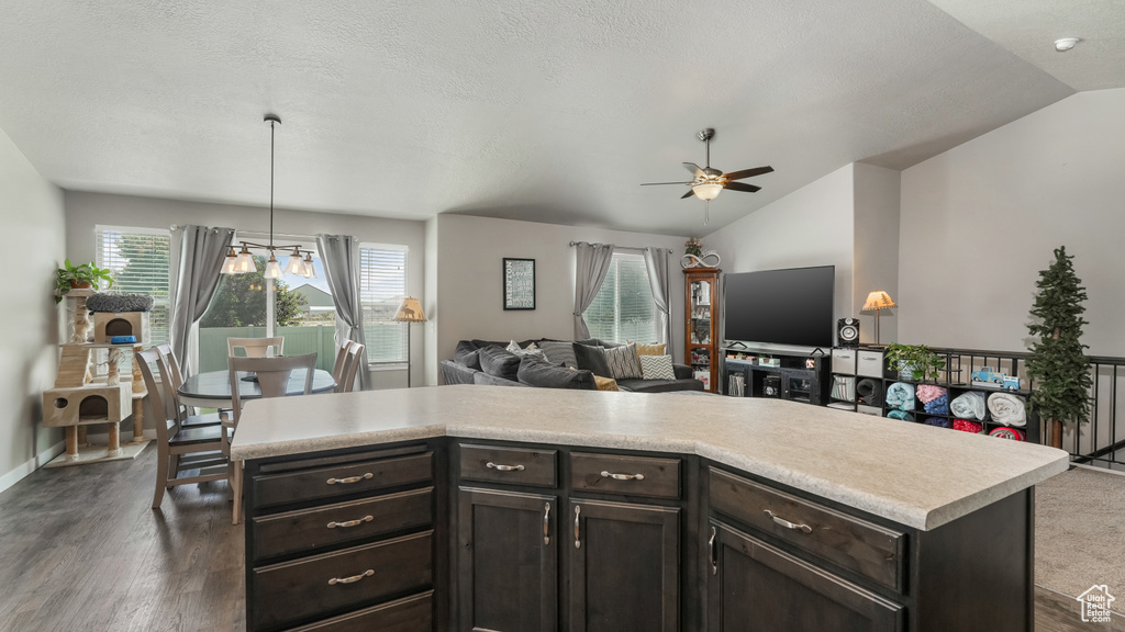 Kitchen with lofted ceiling, open floor plan, ceiling fan, light countertops, and dark wood finished floors