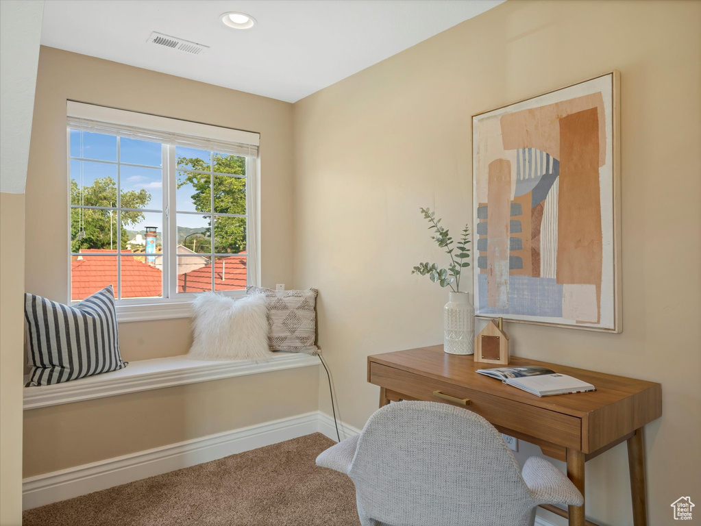 Carpeted home office featuring baseboards and recessed lighting