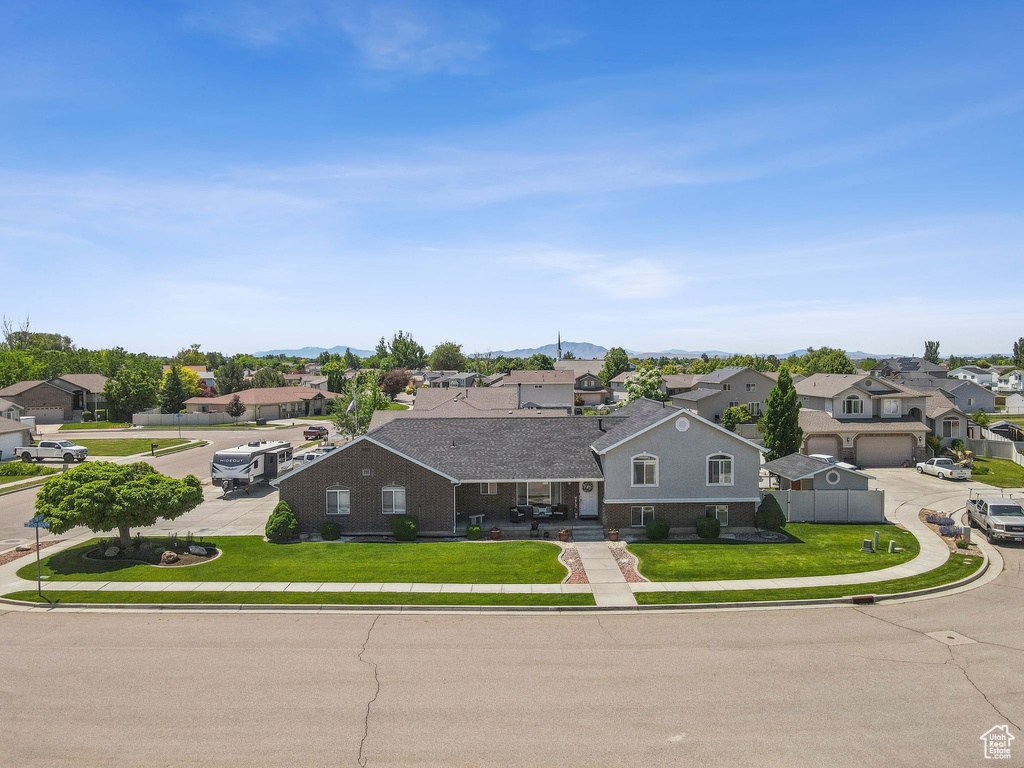 Aerial perspective of suburban area with mountains