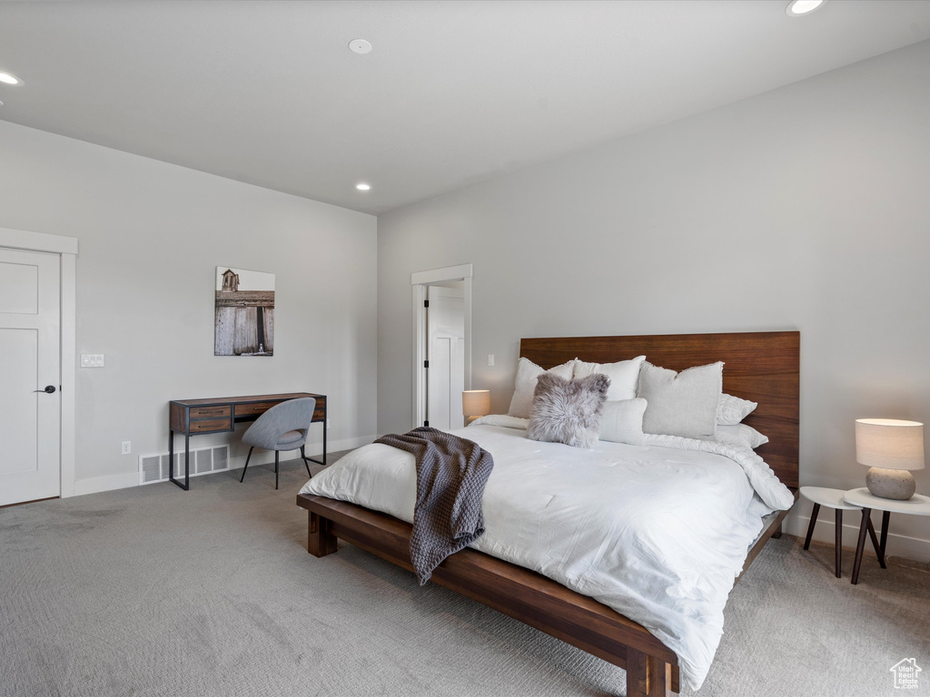 Bedroom featuring carpet, recessed lighting, and baseboards