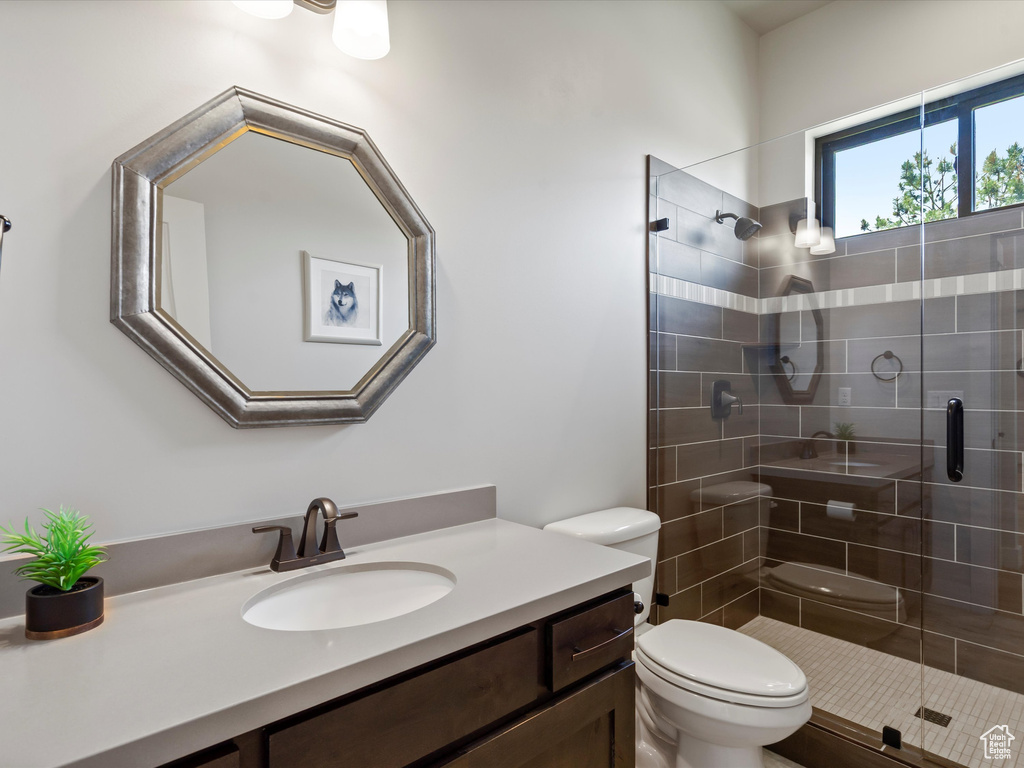 Full bathroom featuring toilet, vanity, and a stall shower