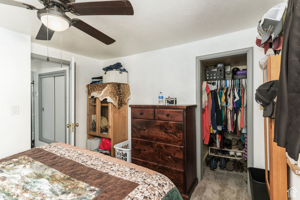 Bedroom with a closet, carpet floors, a walk in closet, and a ceiling fan