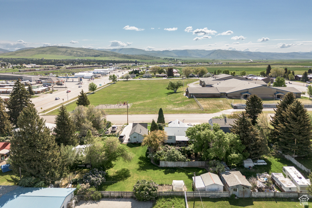 Aerial view of residential area with mountains