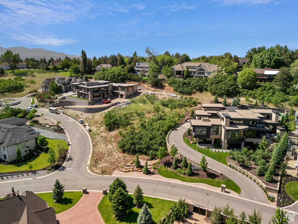 Aerial view of residential area with mountains
