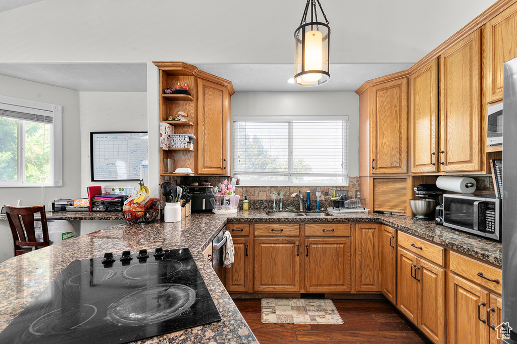 Kitchen featuring stainless steel microwave, black electric stovetop, a sink, and backsplash