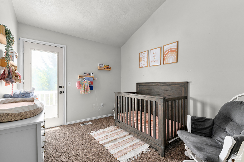 Carpeted bedroom with lofted ceiling and baseboards