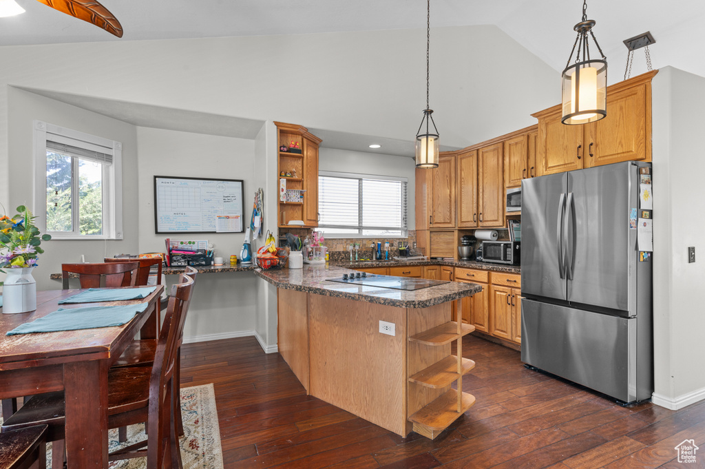 Kitchen featuring appliances with stainless steel finishes, open shelves, a peninsula, dark wood-style floors, and high vaulted ceiling