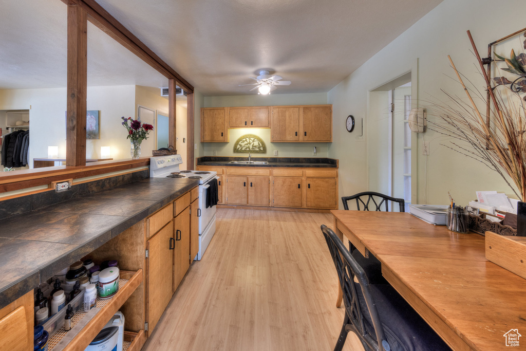 Kitchen featuring electric stove, dark countertops, light wood finished floors, and a ceiling fan