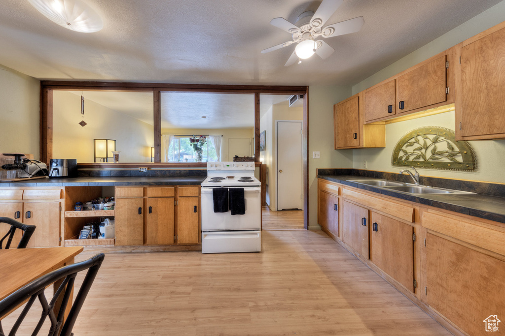 Kitchen with white range with electric cooktop, a sink, light wood finished floors, dark countertops, and ceiling fan