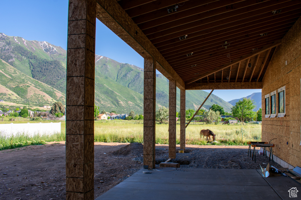 View of patio with a mountain view