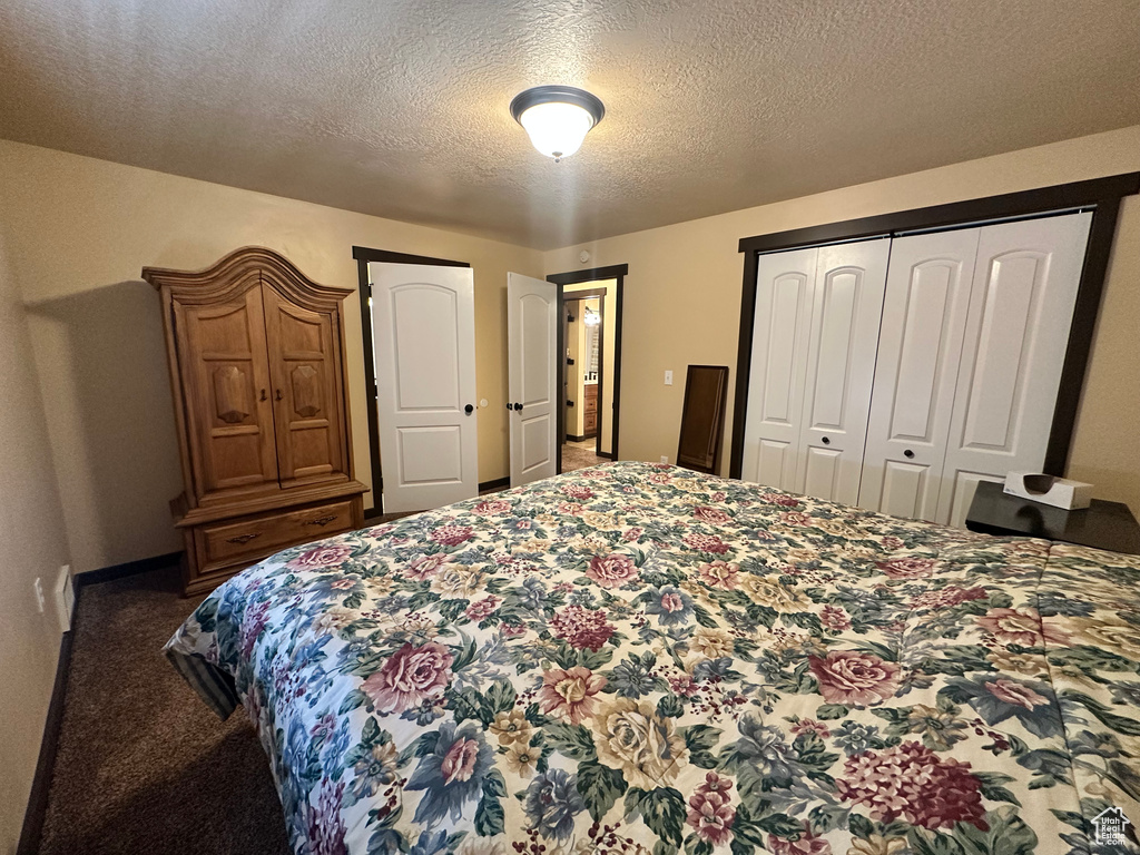 Carpeted bedroom featuring a closet, baseboards, and a textured ceiling