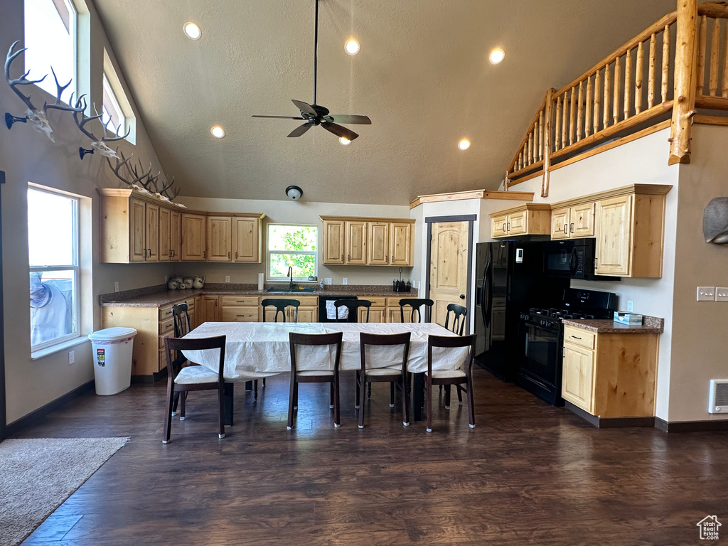 Kitchen with black range with gas cooktop, high vaulted ceiling, a sink, a ceiling fan, and dark wood finished floors