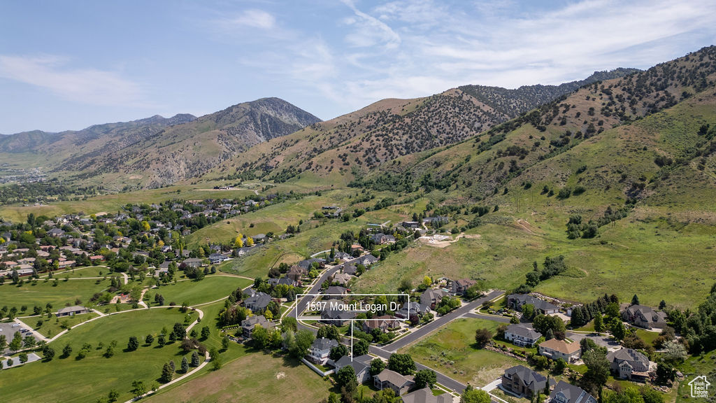 Aerial view of residential area with a mountain backdrop