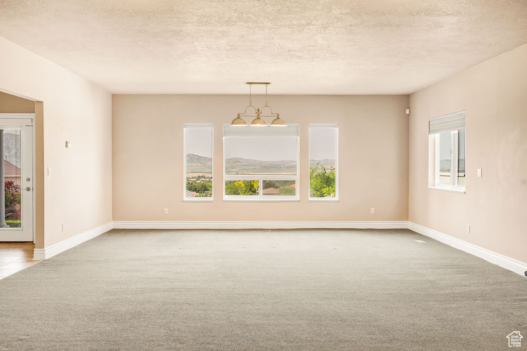 Unfurnished room with carpet, a textured ceiling, and baseboards