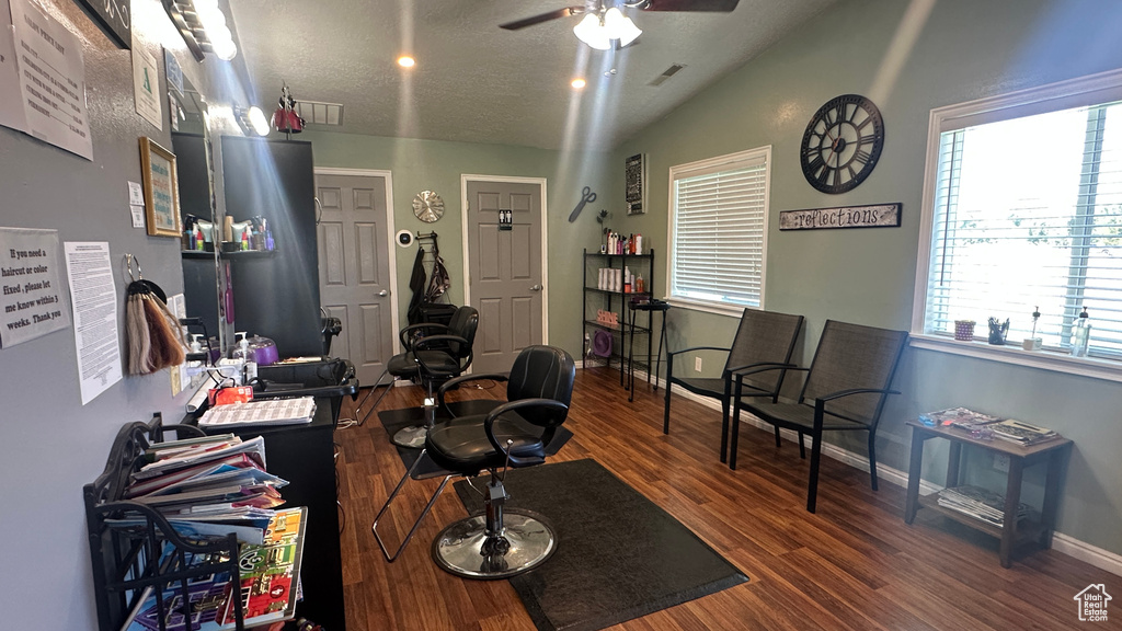 Home office featuring lofted ceiling, a ceiling fan, and wood finished floors