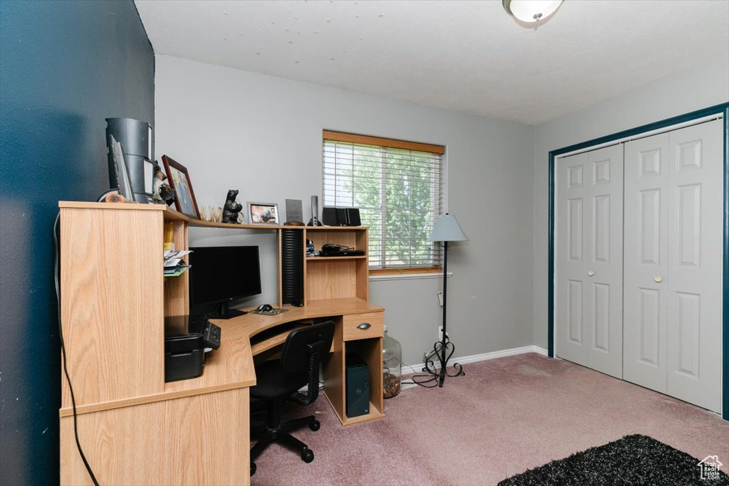 Office with carpet flooring and baseboards