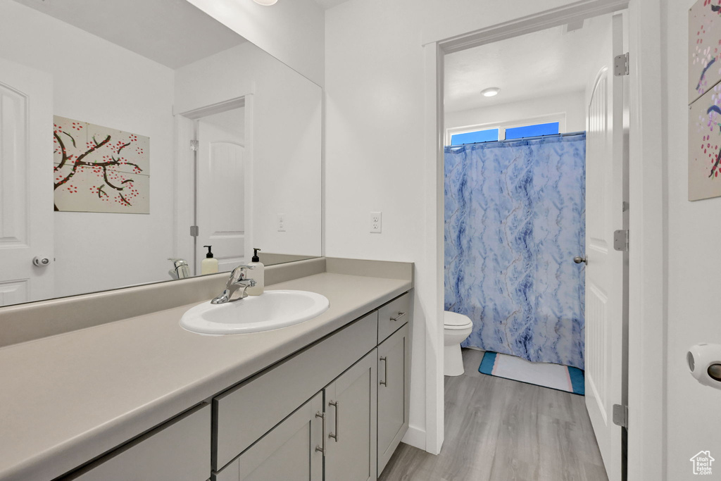 Full bath featuring toilet, vanity, and wood finished floors