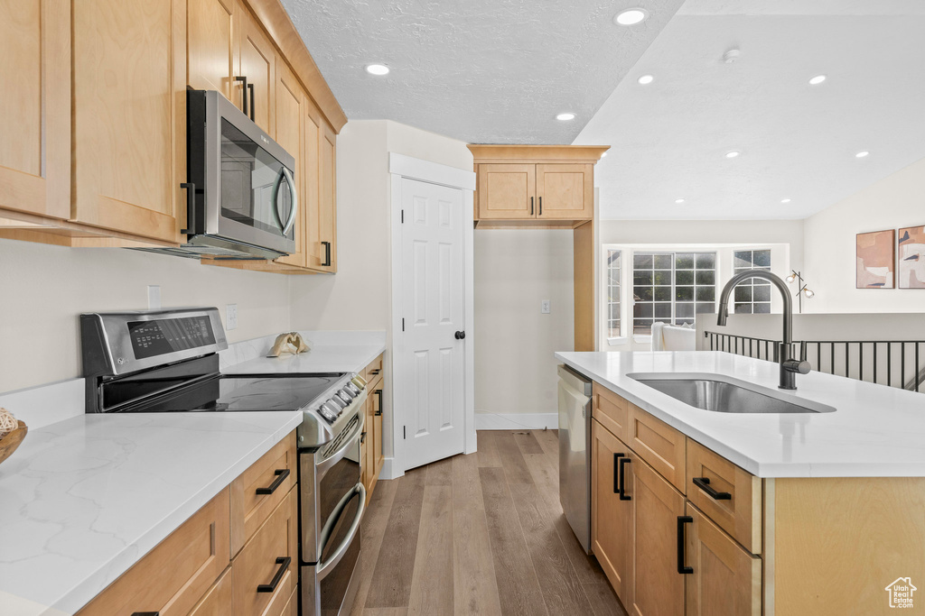 Kitchen with appliances with stainless steel finishes, a sink, light wood-style floors, light brown cabinets, and recessed lighting