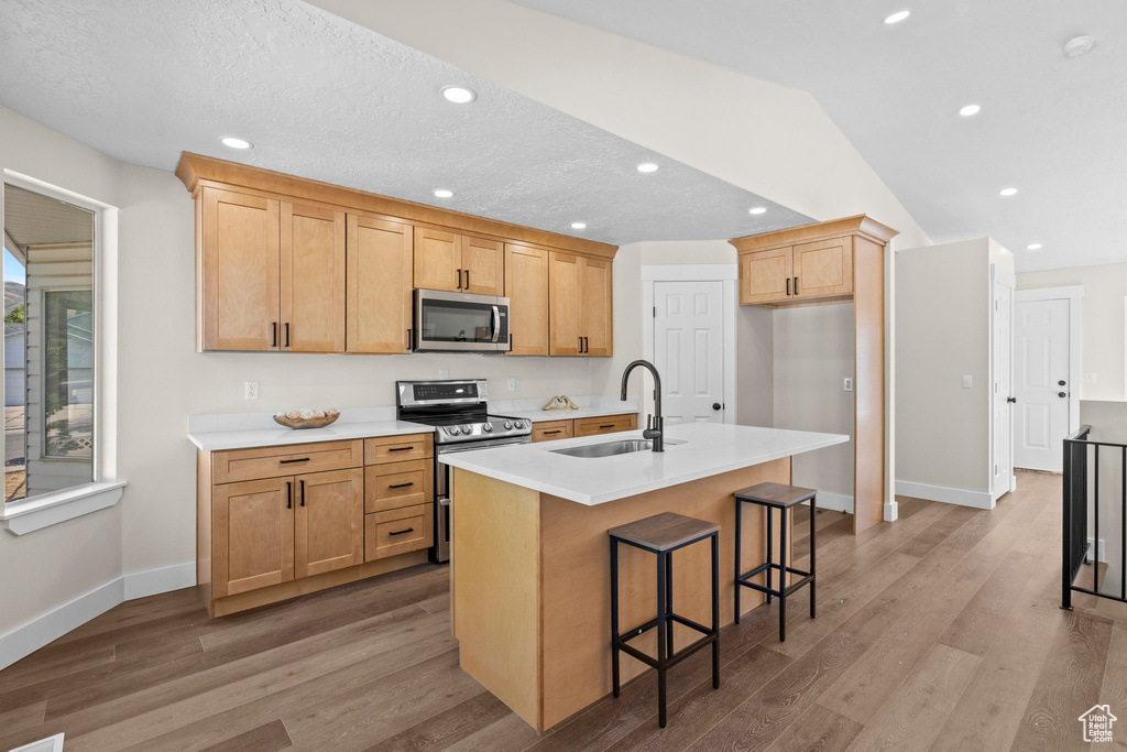 Kitchen featuring a sink, appliances with stainless steel finishes, baseboards, recessed lighting, and wood finished floors
