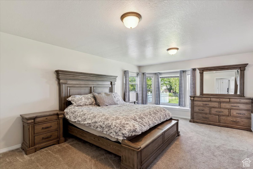 Bedroom featuring carpet, a textured ceiling, and baseboards