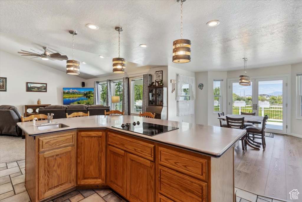 Kitchen with open floor plan, a textured ceiling, a sink, black electric stovetop, and healthy amount of natural light