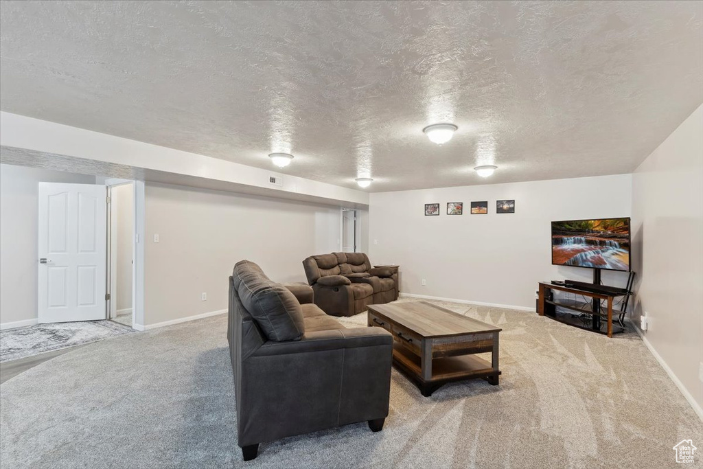 Carpeted living room with a textured ceiling and baseboards