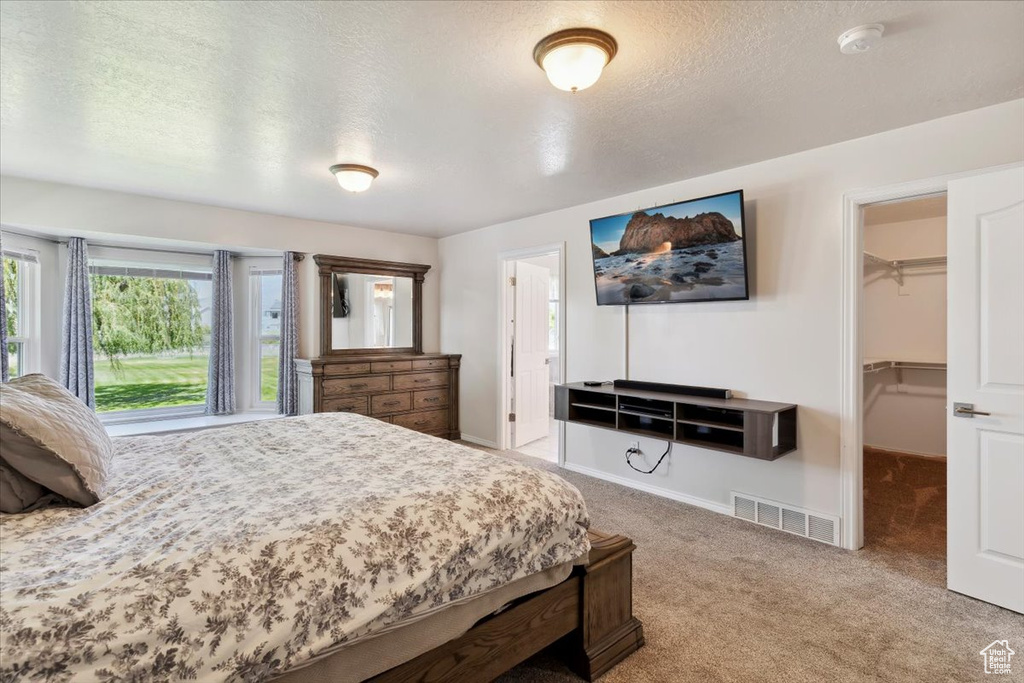 Bedroom with carpet, a spacious closet, a textured ceiling, a closet, and baseboards