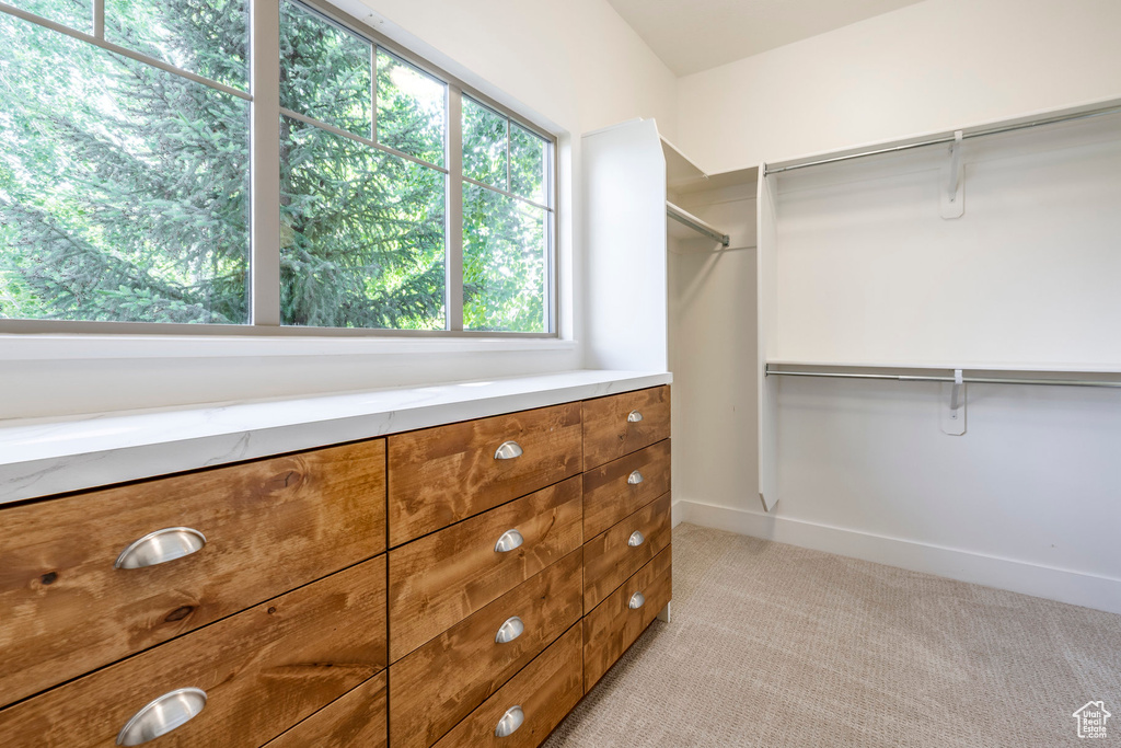 Walk in closet with light colored carpet